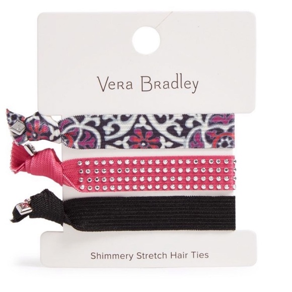 Vera Bradly Stretch Hair Ties Scroll Medallion, Black, White, Pink - Picture 1 of 5